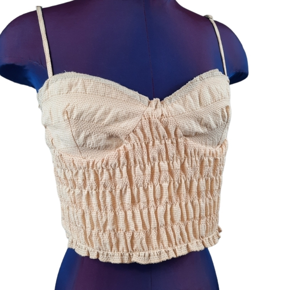 NWT Zara Cream & White Smocked Gingham Crop Top Size Medium Women's Discontinued